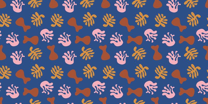 Abstract plant leaves seamless Pattern on blue background. Botanical colorful freehand doodle design. Organic flowers cartoon background, simple nature shapes in vintage pastel colors