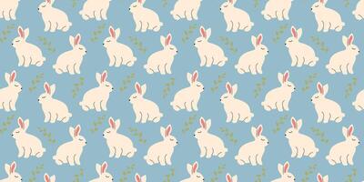 Bunny seamless pattern with leaves in doodle style. Endless Illustration with animals. White rabbits with botanical elements on blue background. Cute kids design vector