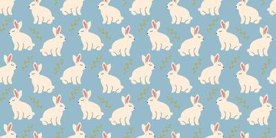 Bunny seamless pattern with leaves in doodle style. Endless Illustration with animals. White rabbits with botanical elements on blue background. Cute kids design vector