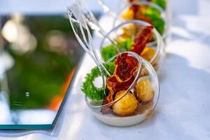 Delicious appetizer close-up. Catering concept. Modern design. Cheese balls and salmon. Close up. photo