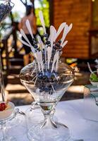 Appetizer blueberries in a glass bowl. Front view on a blurred background. Modern design in catering. photo