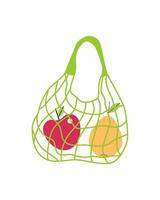 cuerda malla bolso con frutas moderno eco reutilizable comprador, compras bolsa. dibujos animados icono, garabatear. vector