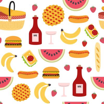 Picnic seamless pattern. Basket, food, fruits, wine, sandwich, hot dog. Spring and summer holidays. Background, digital paper, backdrop.
