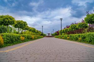 Selective view on a road to the urban house. Modern landscape. Townhouse s district. photo