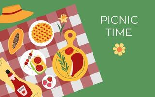 Picnic on blanket. Outdoor recreation. Barbecue in nature. Picnic time inscription. vector