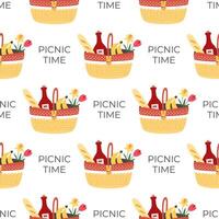 Picnic time seamless pattern. Basket with food. Spring and summer holidays. Background, digital paper, backdrop. vector