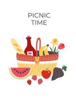 Picnic time card, flyer, banner, poster. Basket with food isolated on white. Spring and summer holidays. vector