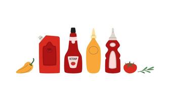 Tomato ketchup and sauce in bottle and pack. Icons, doodles. vector