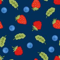 Summer seamless pattern with blueberry, strawberry, raspberry berries. Perfect print for paper, textile and fabric. Hand drawn vector llustration.