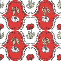 Hand drawn damask style poppy flowers seamless pattern. Perfect print for tee, paper, textile and fabric. Doodle vector illustration.