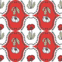 Hand drawn damask style poppy flowers seamless pattern. Perfect print for tee, paper, textile and fabric. Doodle vector illustration.