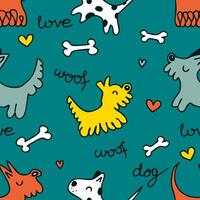 Hand drawn seamless pattern with dogs, inscriptions and bones. Perfect print for tee, paper, textile and fabric. Doodle vector illustration for decor and design.