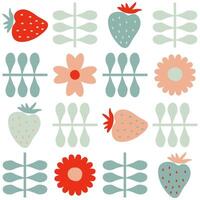 Spring pattern with strawberries and flowers in scandinavian style. Floral print for paper, fabric, textile. Hand drawn vector illustration for decor and design.