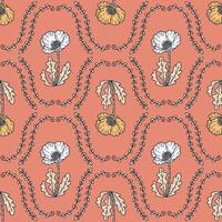 Doodle damask style poppy flowers seamless pattern. Delicate pastel print for tee, paper, textile and fabric. Hand drawn vector illustration.