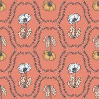 Doodle damask style poppy flowers seamless pattern. Delicate pastel print for tee, paper, textile and fabric. Hand drawn vector illustration.