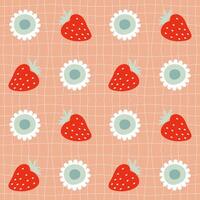 Groovy seamless pattern with daisy flowers and strawberries on grid distorted background. Hippie aesthetic print for fabric, paper, textile. Hand drawn vector illustration.