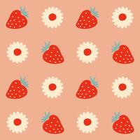 Aesthetic pattern with daisy flowers and strawberries. Summer retro print for curtain, tablecloth, textile and fabric. Hand drawn vector background for decor and design.