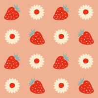 Aesthetic pattern with daisy flowers and strawberries. Summer retro print for curtain, tablecloth, textile and fabric. Hand drawn vector background for decor and design.