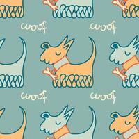 Hand drawn cute shaggy dogs in collars with bones and text woof seamless pattern. Animal cartoon vector character print. Perfect for tee, paper, textile and fabric.