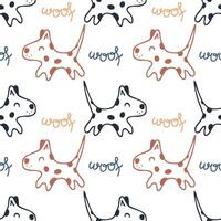 Doodle cute running spotted puppies with text woof seamless pattern. Animal cartoon vector character print. Perfect for tee, paper, textile and fabric.