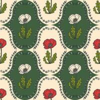 Damask style poppy flowers plants seamless pattern. Bright summer print for tee, paper, textile and fabric. Doodle vector illustration.