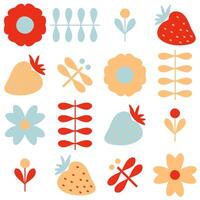 Summer pattern with flowers, strawberries and dragonflies in scandinavian style. Aesthetic print for paper, textile and fabric. Hand drawn vector background.