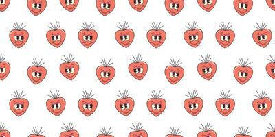 Groovy Hearts Seamless Pattern. Psychedelic Vector Background in 1970s-1980s Hippie Retro Style for Print on Textile, Wrapping Paper, Web Design and Social Media. Shape with eyes