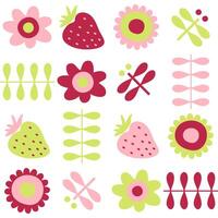 Hippie aesthetic pattern with daisy flowers, strawberries and dragonflies. Psychedelic print for paper, textile and fabric. Hand drawn geometric vector background.