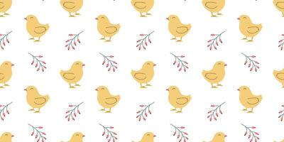 Seamless pattern with Chicken and flowers. Easter design for wrapping paper and backgrounds. Hand drawn illustration of Chick bird in kawaii style vector