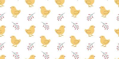 Seamless pattern with Chicken and flowers. Easter design for wrapping paper and backgrounds. Hand drawn illustration of Chick bird in kawaii style vector