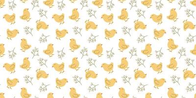 Seamless pattern with Chicken and flowers. Easter design for wrapping paper and backgrounds. Hand drawn illustration of Chick bird in kawaii style vector