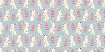 Bunny seamless pattern with leaves in doodle style. Endless Illustration with animals. White rabbits with botanical elements on blue background. Cute kids design vector