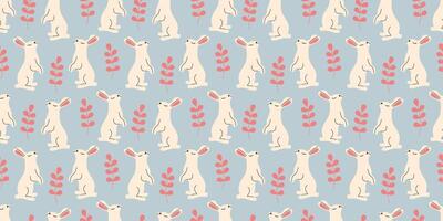 Bunny seamless pattern with leaves in doodle style. Endless Illustration with animals. White rabbits with botanical elements on blue background. Cute kids design vector