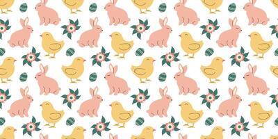 Cute Easter pattern with pink bunnies, chicks and flowers in pastel colors. Seamless design in doodle style. Endless Illustration with animals. White rabbits with botanical elements vector