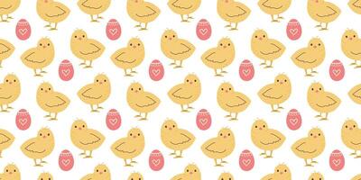 Seamless pattern with Chicken and Eggs. Easter design for wrapping paper and backgrounds. Hand drawn illustration of Chick bird in kawaii style vector