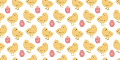 Seamless pattern with Chicken and Eggs. Easter design for wrapping paper and backgrounds. Hand drawn illustration of Chick bird in kawaii style vector