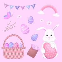 Easter set of stickers with eggs, bunny and basket. Happy Easter. Vector illustration