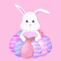 Bunny holds Easter cake around eggs. Happy Easter. Vector illustration