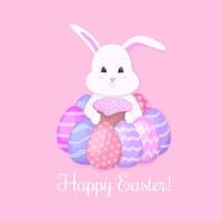 Bunny holds Easter cake around eggs. Happy Easter. Vector illustration