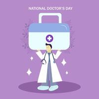 nacional del doctor día. el médico sostiene un grande primero ayuda equipo en su manos. plano vector ilustración.