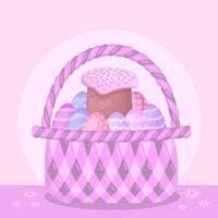 Basket with Easter cake and eggs. Happy Easter. Vector illustration