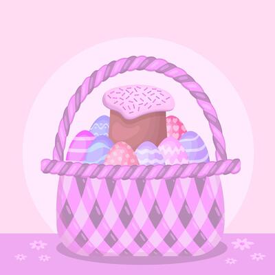 Basket with Easter cake and eggs. Happy Easter. Vector illustration