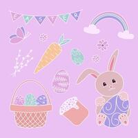 Easter set of stickers with eggs, bunny and carrots. Happy Easter. Vector illustration