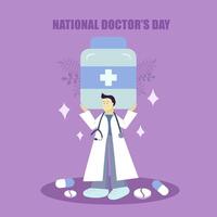 National Doctor's Day. The doctor holds a large jar of pills in his hands. Flat vector illustration.