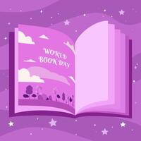 mundo libro día. un libro con un ilustración de el cielo con nubes plano vector ilustración