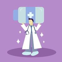 National Doctor's Day. The doctor holds a large jar of pills in his hands. Flat vector illustration.