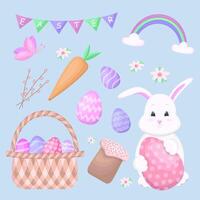 Easter set of stickers with eggs, bunny and carrots. Happy Easter. Vector illustration