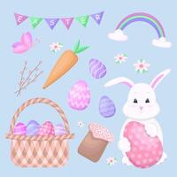 Easter set of stickers with eggs, bunny and carrots. Happy Easter. Vector illustration