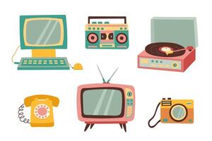 conjunto de retro Anticuado electrónico dispositivos en plano estilo. vector mano dibujado ilustración.