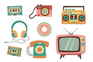 Vintage set in retro objects isolated on white. Vector flat hand drawn illustration.